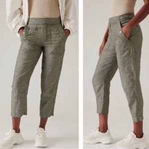 Athleta Voyager 100% Linen Olive Green Cropped Pants size 10